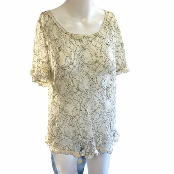 LOFT Top Womens Large Lace Shirt Short Sleeves Sheer Beige Pullover Blouse - Picture 2 of 5